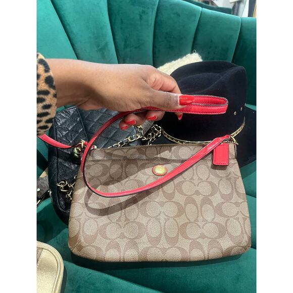 Coach Peyton Signature Crossbody Bag Tan Persimmon Leather Trim Adjustable Strap - Picture 2 of 3